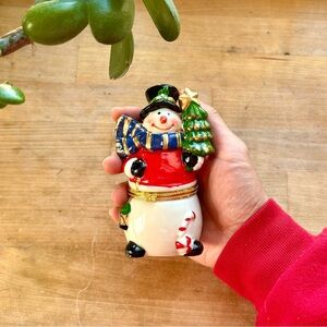 Vintage Ceramic Glazed Snowman Jewelry Trinket Box